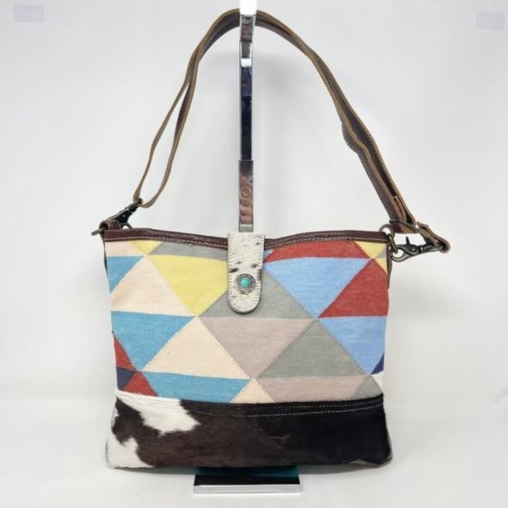 Myra Chromo Canva Shoulder Bag Multi Geo‎ Pattern Rug Hairon Leather Western